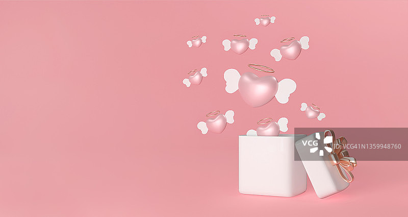 3d渲染的飞行的心从一个盒子与翅膀在粉红色的背景与广告和文本情人节的概念空间图片素材