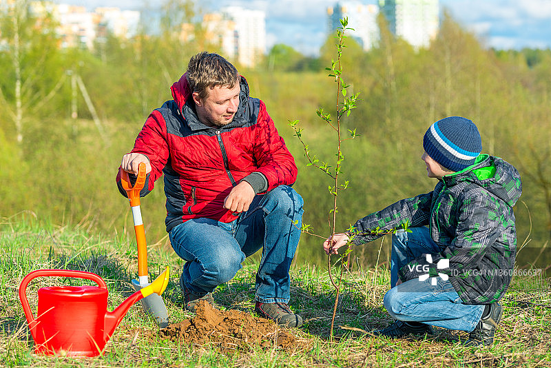 父亲和儿子男生在春天种了一棵树，在公园概念家庭，帮助，关心图片素材
