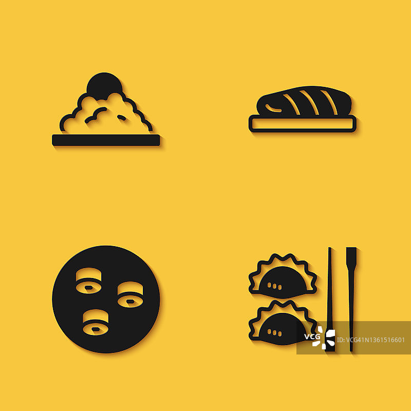 碗装饭，筷子包饺子，寿司和鱼排图标，长影子。向量图片素材