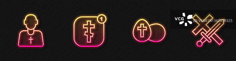 设置复活节彩蛋，牧师，在线教会牧师布道和十字军东征。发光的霓虹灯图标。向量图片素材