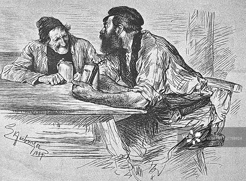 两个男人下班后在餐厅闲聊图片素材