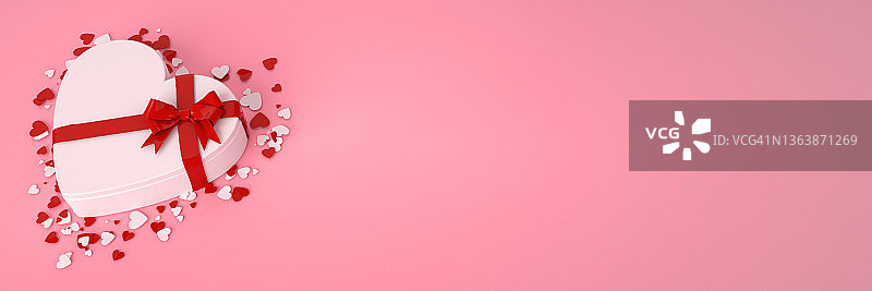 红色和白色心形礼盒空空间粉红色背景- 3D插图图片素材