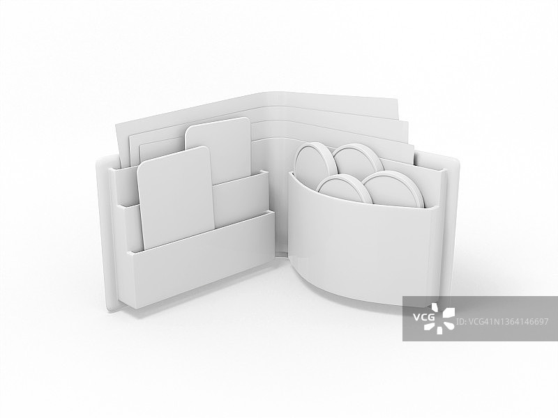 白色的一个颜色钱包在白色平坦的背景。简约的设计对象。3d渲染图标UI ux界面元素。图片素材