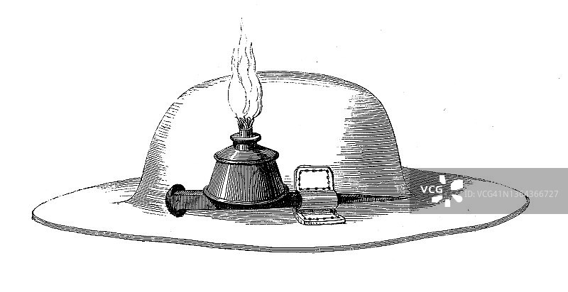 19世纪工业、技术和工艺的古董插图:矿灯、蜡烛、灯笼和火炬图片素材