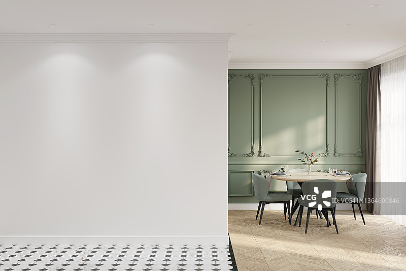 现代古典公寓的草图，有一面空白的墙壁，一张圆形桌子和椅子靠在古典的有线条的墙壁上，靠近窗户的窗帘，镶木地板。前视图。图片素材