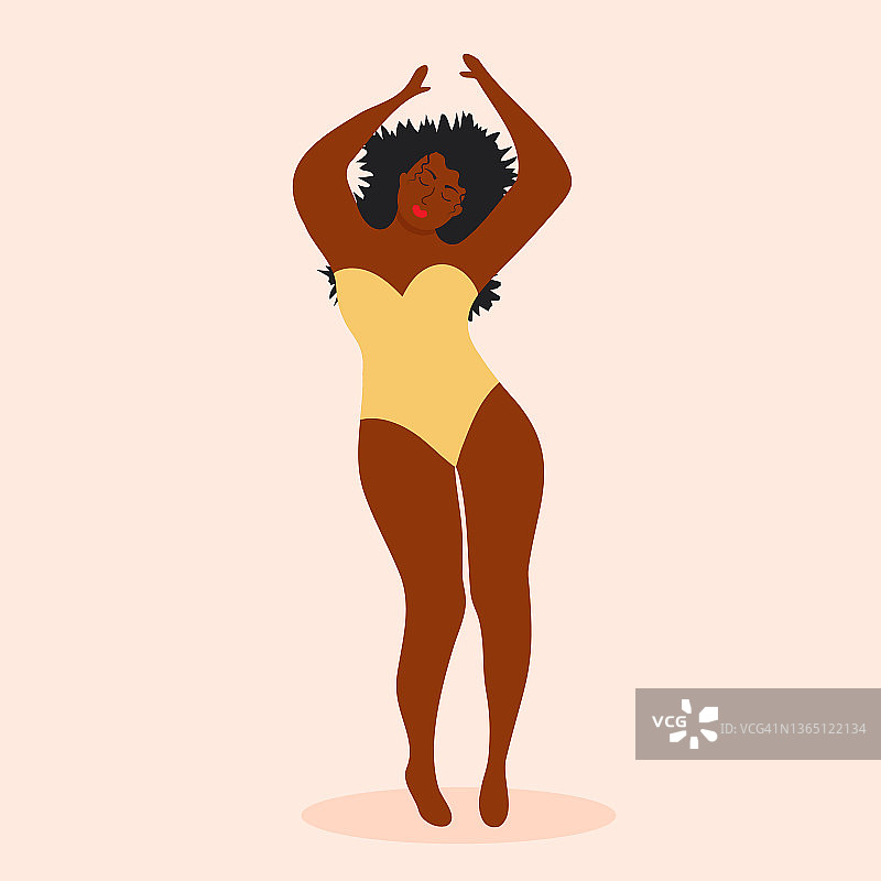 身着泳装的非裔美国胖女人正在跳舞。身体积极，接受，女权主义，健身，运动概念。图片素材