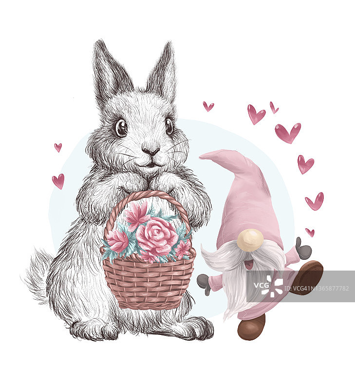 水彩节日插图与可爱的小兔子动物与花篮和快乐的侏儒隔离。用于情人节贺卡、请柬、打印、升华设计。图片素材