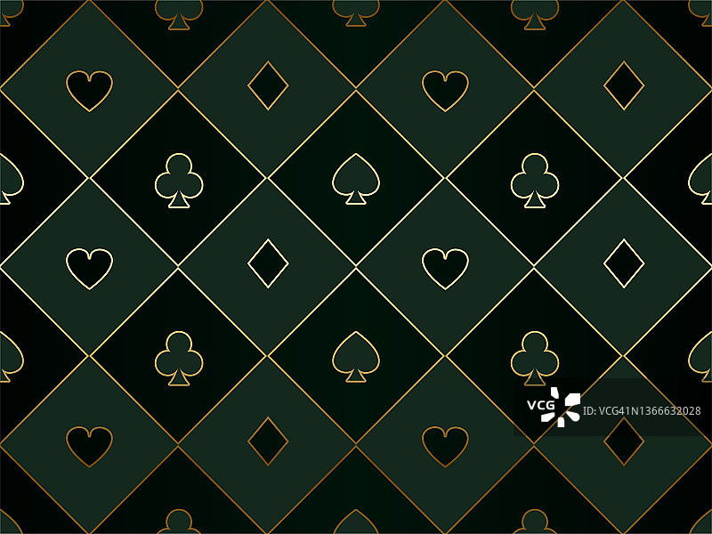 黑色和绿色无缝图案织物扑克桌。极简赌场向量背景与金线扑克牌符号纹理图片素材