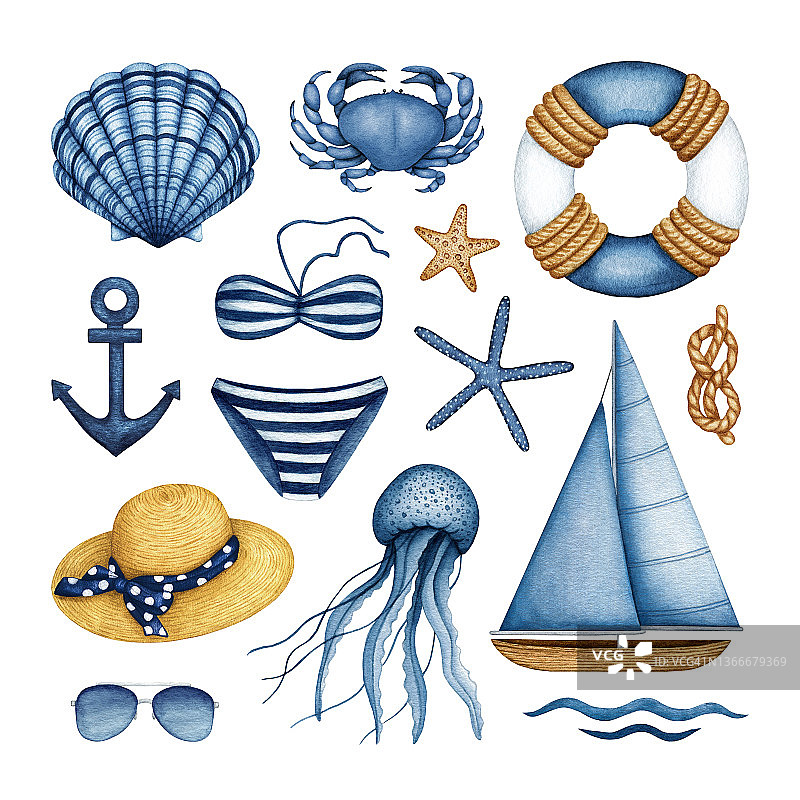 航海夏季海上假期水彩画集。帆船设备。水下动物。海滩配件-泳装，草帽，太阳镜。手绘船用设计元素孤立图片素材