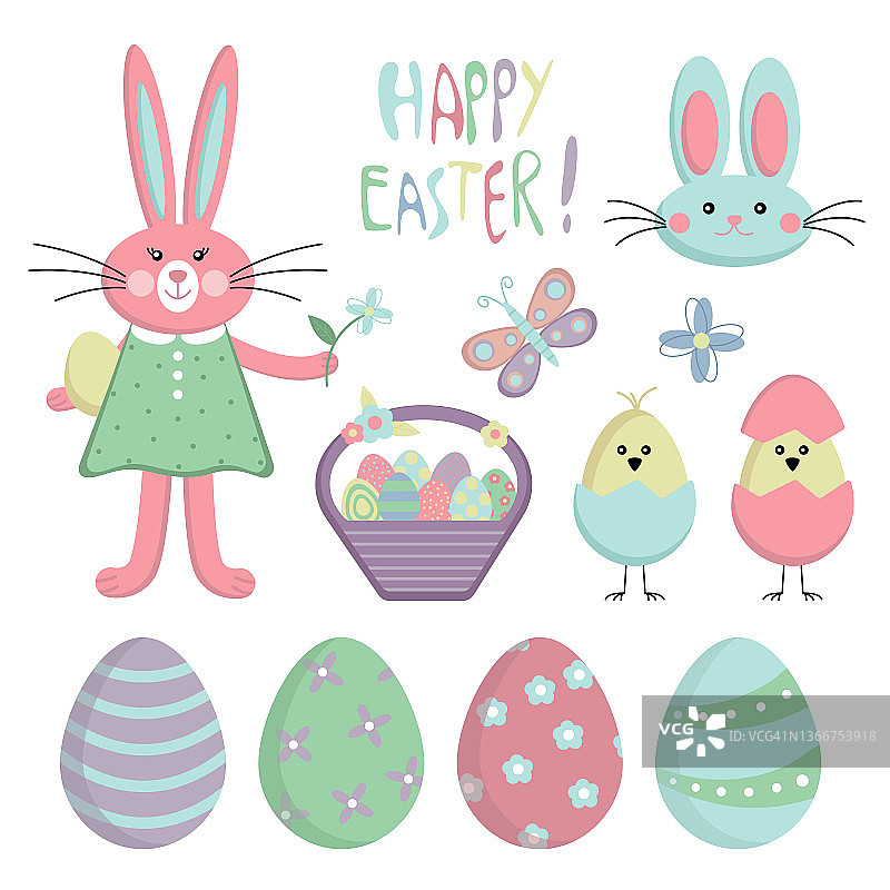 向量复活节插图。可爱的复活节兔子和复活节彩蛋。为您的设计收集弹簧元素。复活节快乐。图片素材