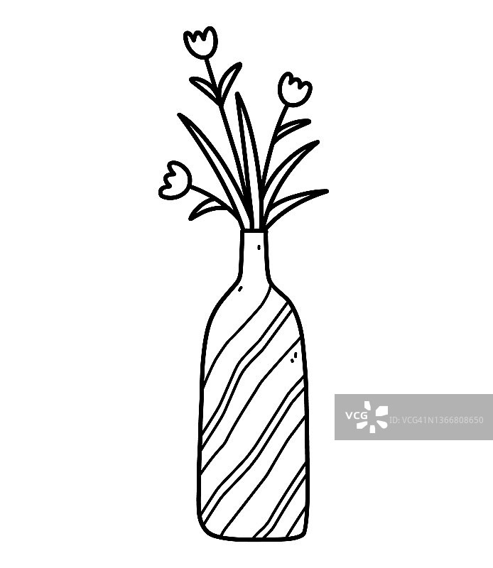 可爱的花瓶与花孤立在白色背景上。矢量手绘插图在涂鸦风格。完美的卡片，装饰，标志。图片素材