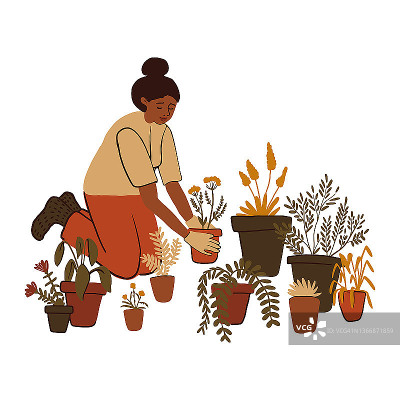 手绘的小女孩在花盆里种花。可爱的女人移植植物，做园艺，为春天做准备。家庭爱好，休闲观念。矢量图图片素材