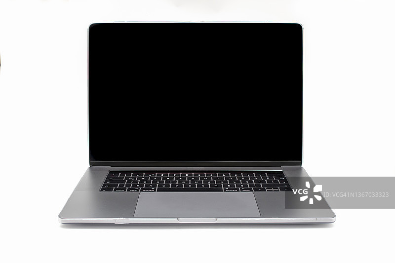 模拟打开的笔记本电脑与黑色屏幕孤立在白色背景。图片素材