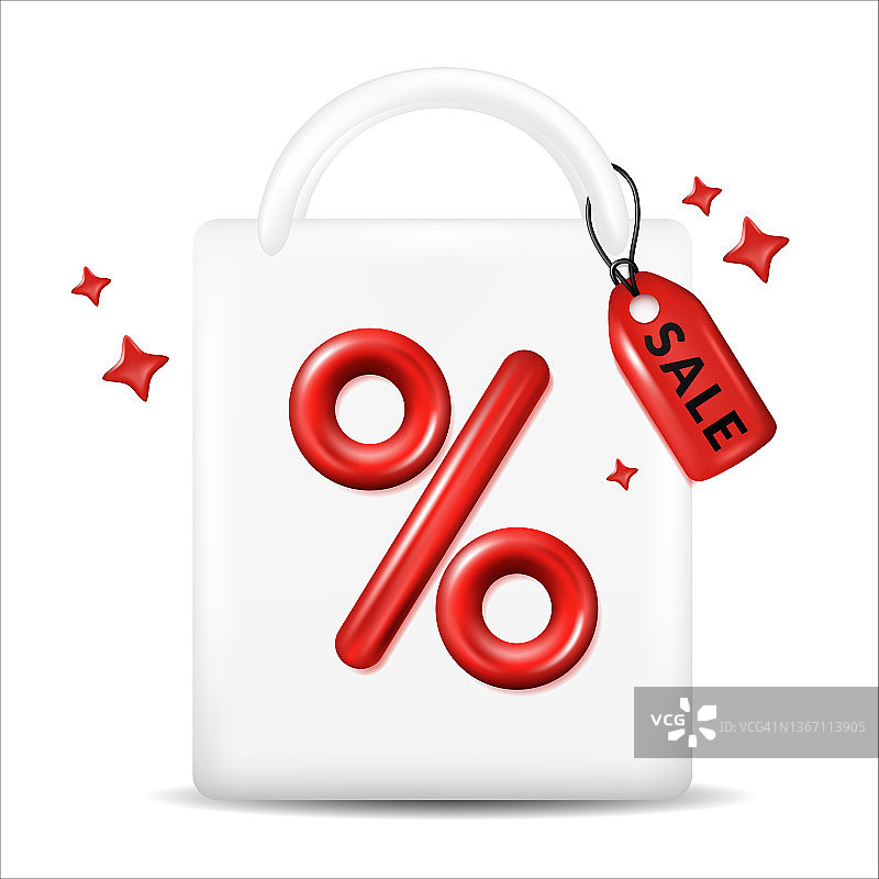 红色百分比标志在白色购物袋，孤立在白色。图片素材