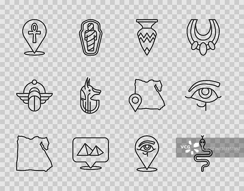 设置线地图的埃及，蛇，埃及花瓶，金字塔，十字十字章，阿努比斯，眼睛Horus和图标。向量图片素材