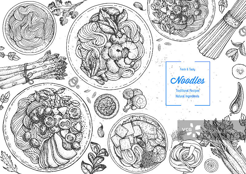 亚洲食品刻画。面菜顶视图框架。菜单设计与煮熟的面条。老式手绘草图矢量插图。亚洲菜菜单背景。图片素材