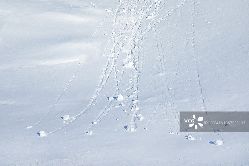 小雪在山上滑行。图片素材