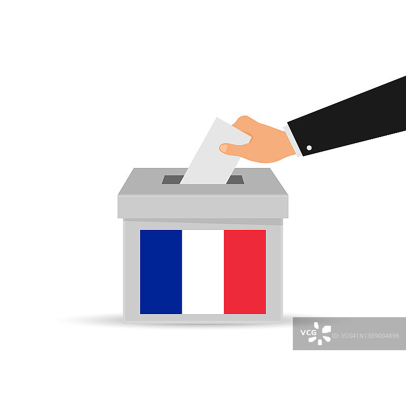 法国选举的概念。用手把纸放进投票箱。孤立的矢量图。图片素材