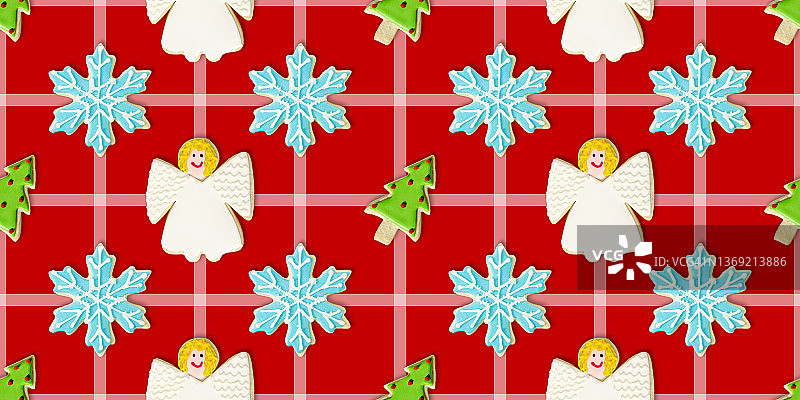 圣诞树，蓝色雪花和天使:圣诞饼干重复图案背景墙纸图片素材