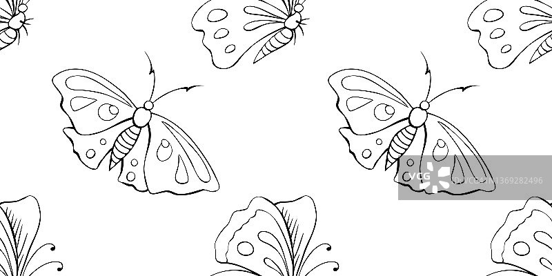 矢量无缝模式的黑色轮廓可爱的蝴蝶在涂鸦风格。可爱的卡通美丽的昆虫。背景与纹理上主题自然、春天、夏天、儿童印花、孤立图片素材