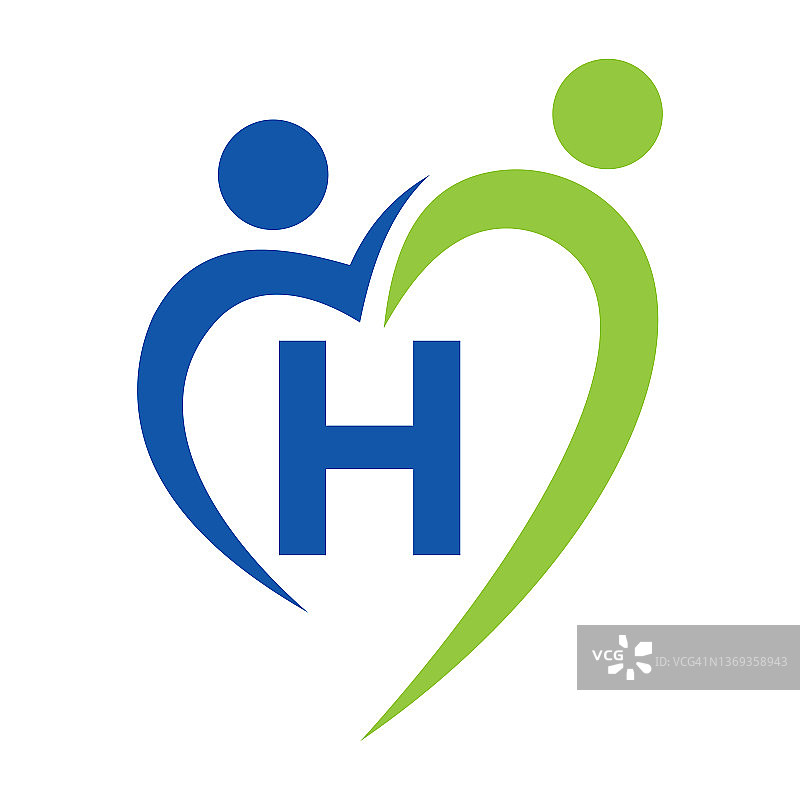 字母H矢量模板上的社区关怀标志。团队合作，心，人，家庭关怀，爱的标志。慈善基金会创意慈善捐款以H字签名图片素材