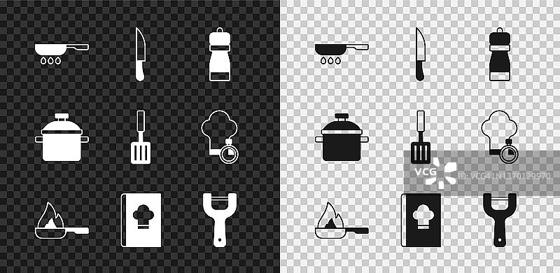 设置煎锅，刀，胡椒，烹饪书，蔬菜削皮器，烹饪锅和烧烤铲图标。向量图片素材