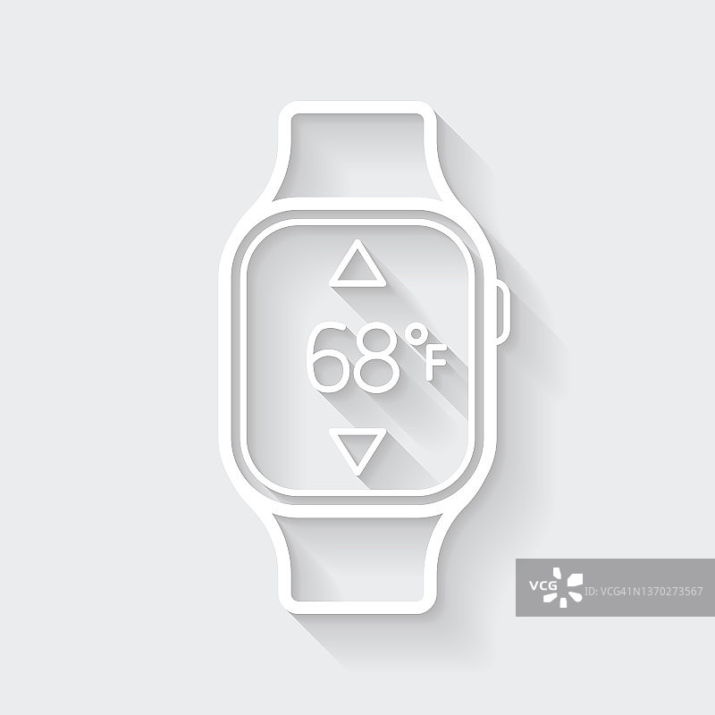 带加热控制的智能手表。图标与空白背景上的长阴影-平面设计图片素材