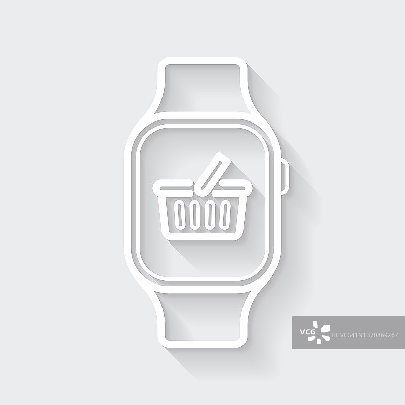 带购物篮的智能手表。图标与空白背景上的长阴影-平面设计图片素材