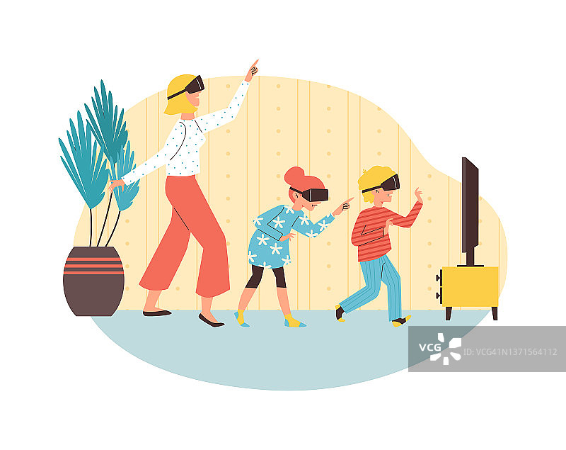 母亲和孩子戴上VR眼镜，玩视频游戏，在白色背景上孤立的平面矢量插图。图片素材