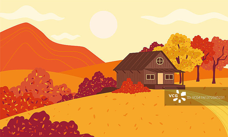 色彩斑斓的秋景木屋在山上与树木矢量图片素材