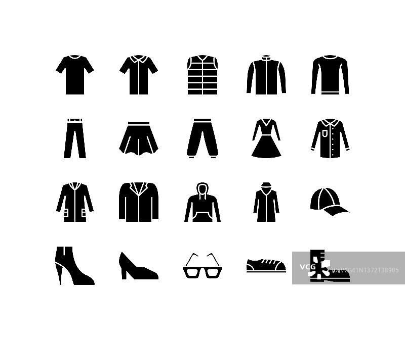 服装平线图标设置。包括衬衫，毛衣，裤子，裙子。简单的平面矢量插图网站或移动应用程序图片素材