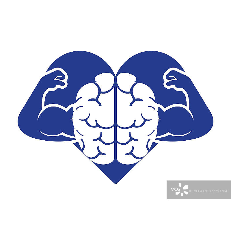 强大的脑矢量logo设计。高智商的概念。大脑和强壮的二头肌。图片素材