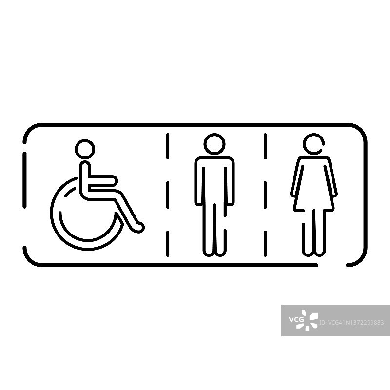 男女或残疾人厕所线图标，轮廓矢量符号，线性象形图孤立在白色上。WC，抽水马桶符号，标志插图图片素材