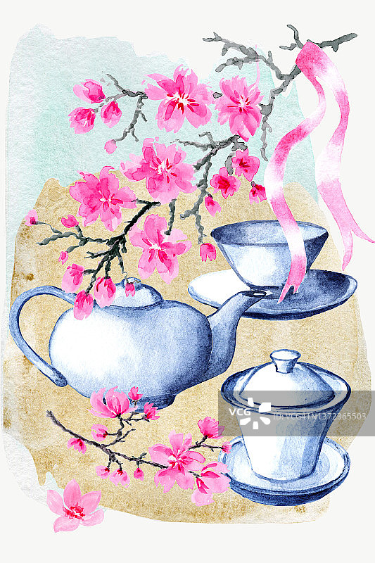 日本的茶壶。瓷套水彩画。图片素材