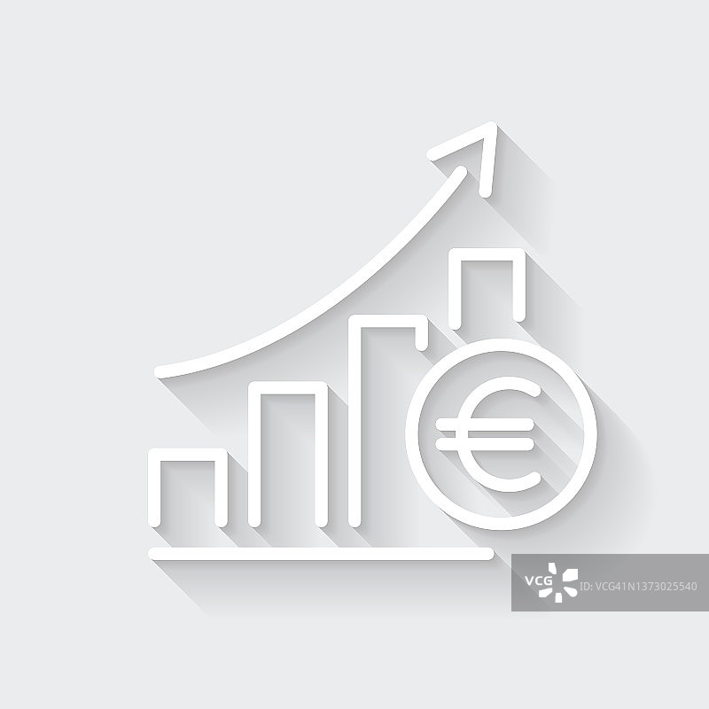 欧元汇率上升图表。图标与空白背景上的长阴影-平面设计图片素材