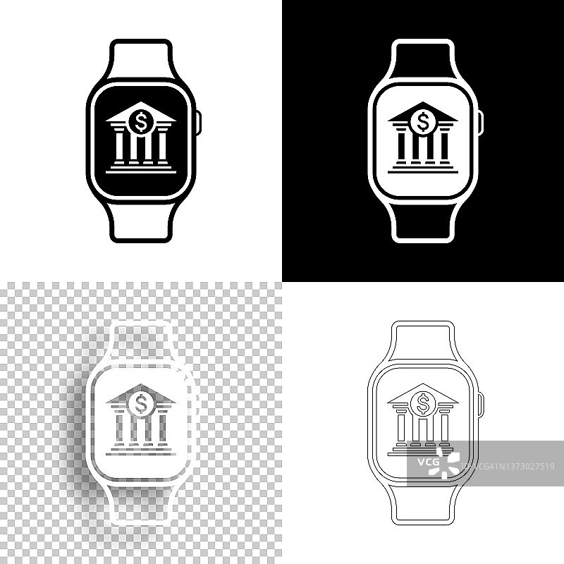 Smartwatch与银行。图标设计。空白，白色和黑色背景-线图标图片素材