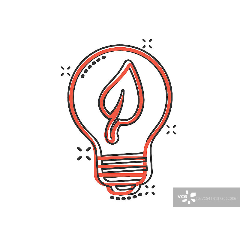灯泡图标在漫画风格。灯泡卡通向量插图在白色孤立的背景。能源灯喷溅效果标识的经营理念。图片素材
