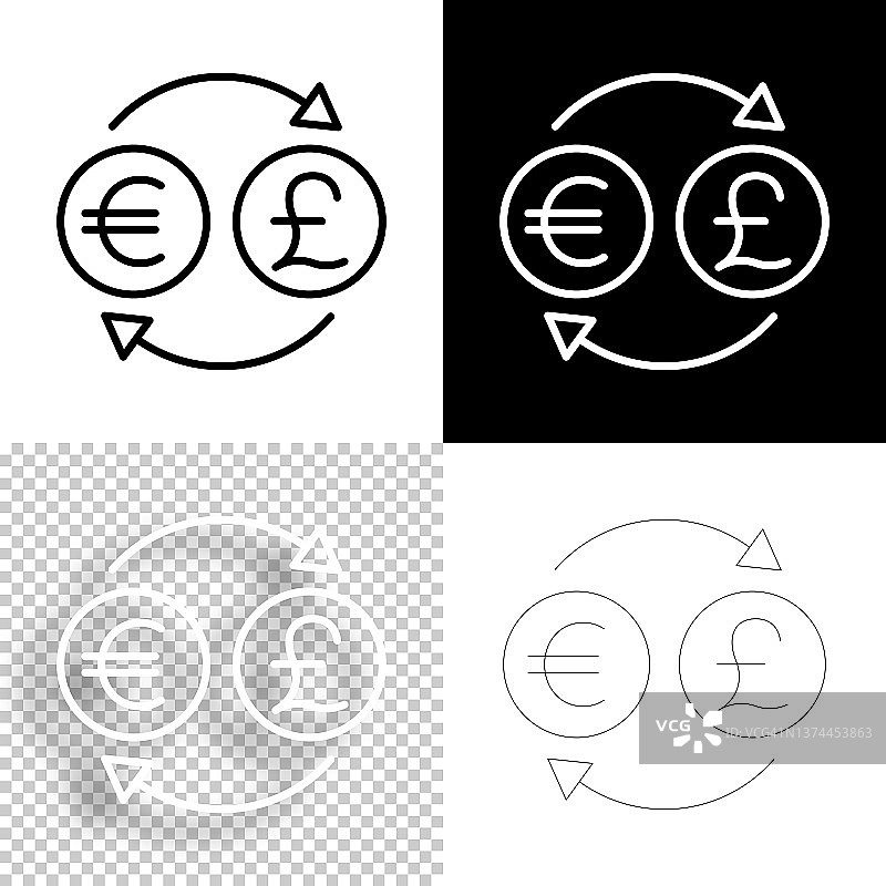货币兑换-欧元英镑。图标设计。空白，白色和黑色背景-线图标图片素材