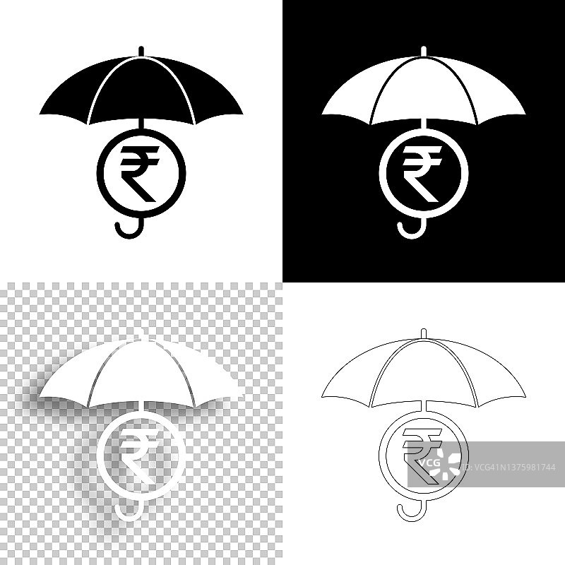 雨伞下的印度卢比硬币。图标设计。空白，白色和黑色背景-线图标图片素材