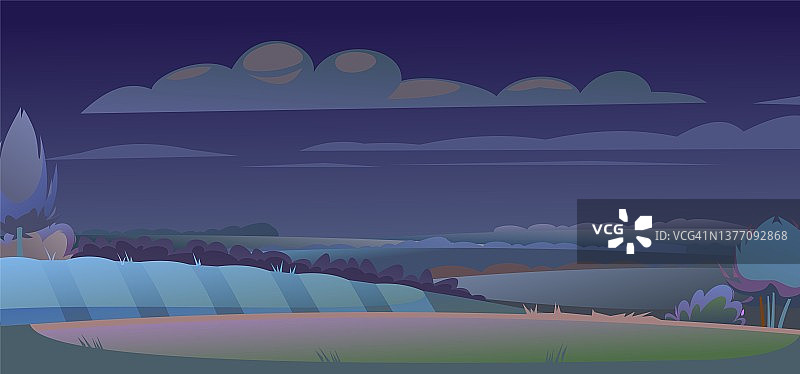 晚上农村景观。农场花园和山丘的景色。平面风格的卡通设计。美丽的黑暗郊区场景。向量图片素材