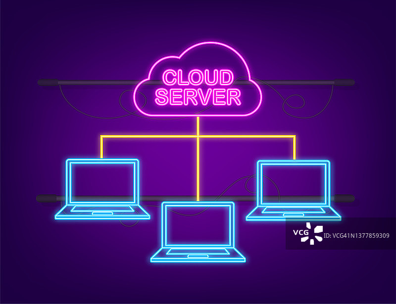 云服务器霓虹灯图标。云网络服务器矢量插图概念。图片素材