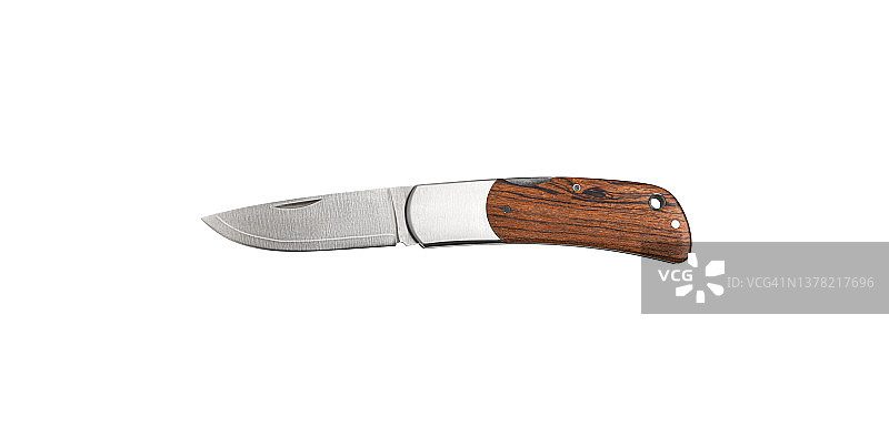 具有可折叠刀片的紧凑的金属锋利的小刀。口袋折叠刀与木柄隔离在白色背景上。图片素材