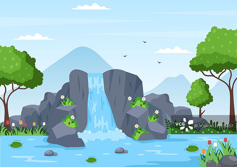 热带自然风景瀑布丛林景观与岩石瀑布，河流溪流或岩石悬崖在平坦的背景矢量插图图片素材