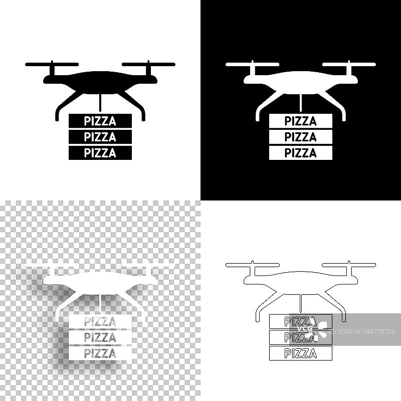 送披萨的无人机。图标设计。空白，白色和黑色背景-线图标图片素材