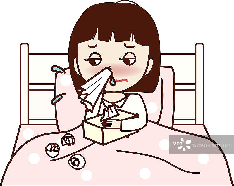 一个年轻女人拿着纸巾盒去睡觉，擤鼻涕。图片素材