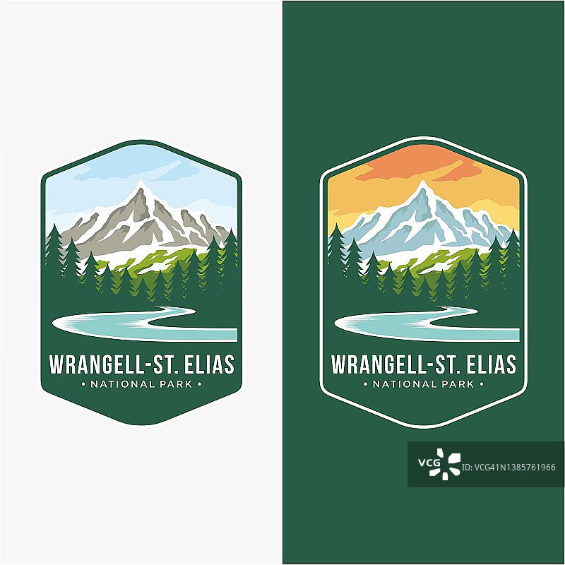 Wrangell-St徽标补丁图标插图。伊莱亚斯国家公园和保护区的黑色背景图片素材