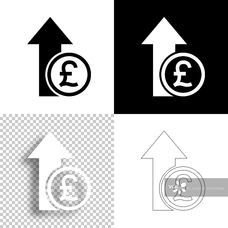 英镑增加。图标设计。空白，白色和黑色背景-线图标图片素材