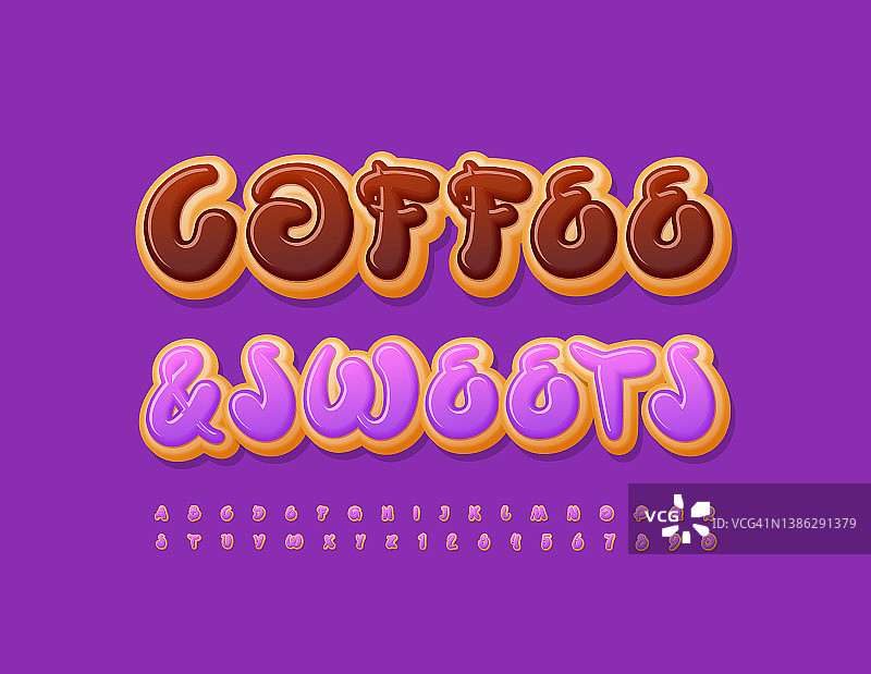 向量可爱的横幅咖啡和甜。艺术字母表字母和数字图片素材