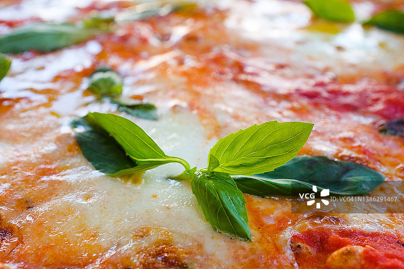 在咖啡馆或快餐店的桌子上，将马苏里拉奶酪和罗勒叶放在木架或砧板上圈成一圈。传统的意大利美食。素食。图片素材
