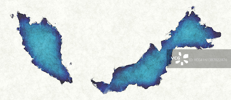 绘制线条和蓝色水彩插图的马来西亚地图图片素材